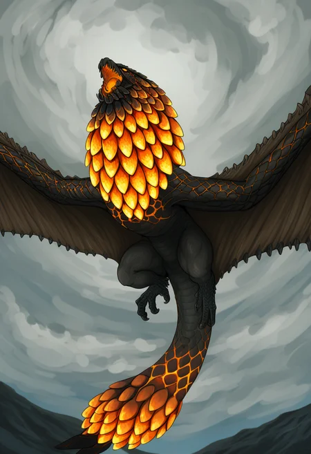 <lora:MH_Bazelgeuse_a1_4_NoobXL-eps_spnlora1_th-0.7>,SHSLG,748cmstyle,masterpiece,best quality,amazing quality,high quality,very aesthetic,absurdres,newest,shaded,digital media \(artwork\),depth of field,mhbaz,solo,feral,detailed background,sky,<lora:745cmSDXLvpred75S:0.5>,<lora:GLSHS:0.5>,winged arms,orange eyes,no sclera,flying,glowing scales,glowing bomblets,glowing tail,open mouth,