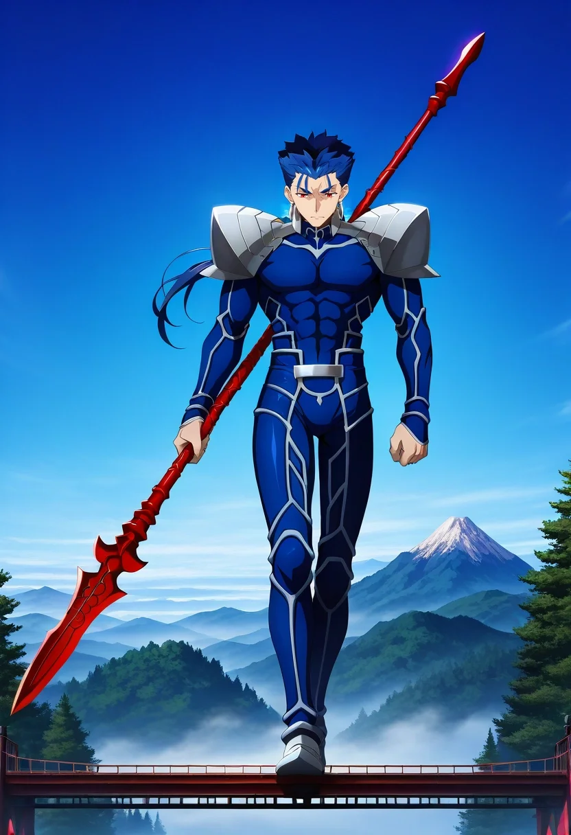 masterpiece, best quality, intricate details, anime screencap, anime coloring, official style, , 1boy, solo, male focus, <lora:lancer_fsn_ilxl:0.92>, lancer_fsn, cu chulainn \(fate\), blue hair, red eyes, long hair, ponytail, spiked hair, , armor, shoulder armor, pauldrons, weapon, polearm, spear, holding, holding weapon, holding polearm, suspension bridge, fog, tree, mountain, crossing bridge, dawn, careful steps, looking down,