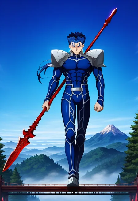 masterpiece, best quality, intricate details, anime screencap, anime coloring, official style, , 1boy, solo, male focus, <lora:lancer_fsn_ilxl:0.92>, lancer_fsn, cu chulainn \(fate\), blue hair, red eyes, long hair, ponytail, spiked hair, , armor, shoulder armor, pauldrons, weapon, polearm, spear, holding, holding weapon, holding polearm, suspension bridge, fog, tree, mountain, crossing bridge, dawn, careful steps, looking down,