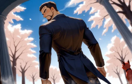 "A handsome anime-style groom in a white wedding tuxedo with a rose boutonniere, standing in a romantic outdoor garden with soft lighting, cherry blossoms falling, and a bright blue sky. He has neatly styled hair, a gentle smile, and elegant posture. Background is dreamy, cinematic, and slightly blurred for depth, ((from back, from below, dutch angle, cowboy shot))<lora:Red_Siamese_Cats_leader__Detective_Conan:.7>, Red Siamese Cats leader, A serious anime-style male  He has short dark hair slicked back, a trimmed beard, The setting is a dramatic, cinematic moment with strong lighting and a tense atmosphere, cowboy shot, 
(,looking at the viewer, steam, sexy)
(very short hair, beard, bara, mature, facial hair, stubble, beard, full beard, sideburn, beard, a lot of beard, ), facial hair,male focus, muscular male, muscular male, bara, mature,  bara, mature, aixiwuganda_(20222192), very awa, masterpiece, best quality, absurdres, newest, perfect quality, detailed background, intricate details,
<lora:slider_Body Type_alpha1.0_rank4_noxattn_last:3><lora:Anime Summer Days 2 Style SDXL_LoRA_Pony Diffusion V6 XL:.6><lora:slider_cfg_scale_boost:.7><lora:Artist6p:.55>, Artist6p, Artist04p,<lora:slider_il_brightness_slider_d1:-1><lora:slider_il_contrast_slider_d1:-1><lora:slider_DarkSlider1.2_alpha1.0_rank16_full_300steps:-.6>
