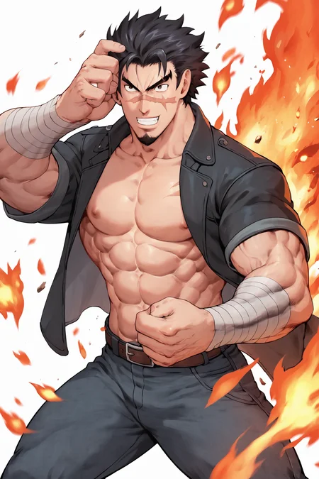 score_9, score_8_up, score_7_up, score_6_up, score_5_up, score_4_up, (fighting), 1boy, male focus, solo, muscular, aura, bandages, pants, manly, muscular male, teeth, belt, open clothes, clenched teeth, style parody, veins, facial hair, black hair, pectorals, bandaged arm, fighting stance, fire background, abs, jacket, scar,
<lora:matsuena_shun_style:1>