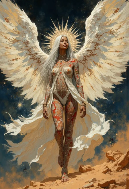 impressionist classical-style painting of a highly detailed, fantasicial artwork featuring an left, wide angle POV of a ethereal scene featuring an angelic figure with very large, detailed, white wings fully spread. The young woman with dark skin and brown eyes is covered head to toe in patterns of swirling, organic designs that blend seamlessly into her body like ocean waves. The designs are primarily in shades of red, orange, and brown, which contrast vividly against her dark skin. (Her hands are behind her back), her head is slightly downward. She has long, straight, white hair blowing in the wind. She is rising into the air, ready to take flight and has a serene, contemplative expression and a soft, gentle smile on her face. She is dressed in a sheer white, diamond encrusted robe, and a white lace bodysuit which is adorned with delicate beads that complements her ethereal appearance. Her very large, detailed, feathery, white angel wings spread wide and are out of frame and blown by the wind and kicking up dust into the air surrounding her. She is encased with an intricate glowing nimbus behind her head. She is She is rising into the air, ready to take flight in an abandoned, ancient middle-eastern location in the desert at night. Moon rays dance across her wings and body. (((ultra-realistic style))), realistic lighting, rembrandt lighting, natural, shallow depth of field, (highlights: 0.8), high detail (25 mm wide angle shot, cinematic shot, bokeh, depth of field)