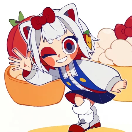 score_9, score_8_up, score_7_up BREAK HKGrl, 1girl, white hair, white bob cut, red gray eyes, pink cheeks, red hair bow, apple hairclips, white red cat ears, open white blue red yellow-button jacket, white buttoned undershirt, pleated dark blue skirt, long loose socks, red white shoes, full body, closed smile, winking at viewer,