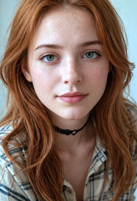 score_9, score_8_up, score_7_up, (masterpiece, best quality, ultra-detailed, realistic), photo, beautiful young woman, 20 years old, upper body close-up, green eyes, freckles, ginger hair to the side, wearing open plaid flannel shirt and black choker, white stockings visible, soft smile, dreamy look, elegant legs partially shown, soft natural lighting, capturing a high-end editorial portrait with a poised, elegant demeanor