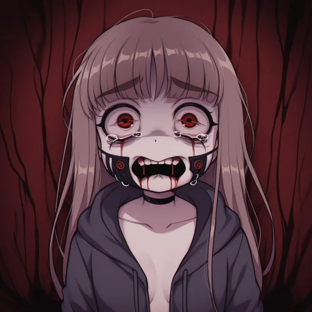 Paula,1girl,Brown hair,choker,bangs, hoodie,Long hair
Half-body, Paula removing her mask, revealing her mouth and full face, watery eyes, tears. Broken mouth, bloody mouth, broken teeth, missing teeth, cut cheeks, broken lips, missing lips, gore. Intense background, black and red, shock, despair, despairing, depressing, and crazy atmosphere.