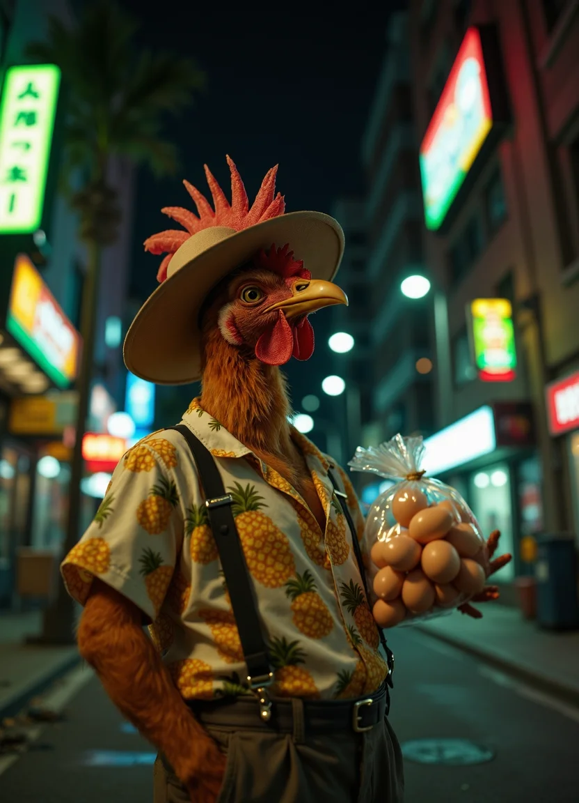 analog film photo A comical semi-realistic image of an anthropomorphic chicken dressed as a drug dealer, standing confidently at the corner of a dimly lit city street. The chicken wears a flamboyant Hawaiian shirt with patterns of pineapples and hula dancers, baggy pants held up by suspenders, and a wide-brimmed hat adorned with a feather. It holds a clear plastic baggie filled with chicken eggs, each egg slightly smaller than usual, creating a humorous juxtaposition. The setting is vibrant yet gritty, with tall, shadowy buildings in the background, flickering neon signs casting colorful highlights on the street. The lighting is moody, using shadows and spotlights to create contrast, enhancing the comedic effect of the scene. The color palette is warm and desaturated, with pops of bright hues from the chicken's attire and neon lights. The composition uses a wide-angle lens to capture the entire scene, focusing sharply on the chicken while slightly blurring the urban environment behind. Textures include the sheen of the plastic baggie and the roughness of the city street. The atmosphere balances humor with a touch of melancholy, reflecting both the absurdity of the situation and the loneliness of the setting. Rendered in highest detail, 8k resolution, cinematic lighting, professional photography style. . faded film, desaturated, 35mm photo, grainy, vignette, vintage, Kodachrome, Lomography, stained, highly detailed, found footage