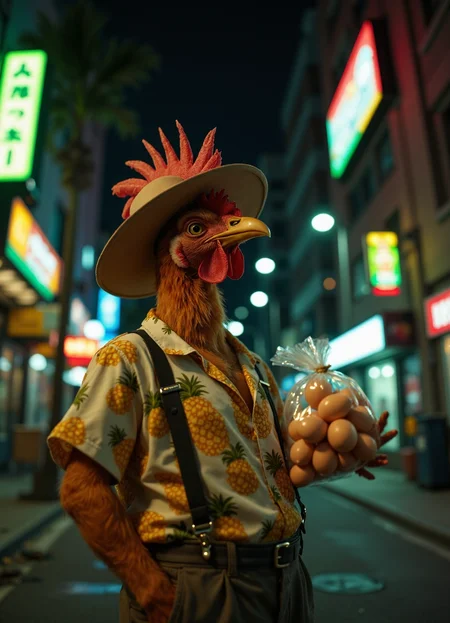 analog film photo A comical semi-realistic image of an anthropomorphic chicken dressed as a drug dealer, standing confidently at the corner of a dimly lit city street. The chicken wears a flamboyant Hawaiian shirt with patterns of pineapples and hula dancers, baggy pants held up by suspenders, and a wide-brimmed hat adorned with a feather. It holds a clear plastic baggie filled with chicken eggs, each egg slightly smaller than usual, creating a humorous juxtaposition. The setting is vibrant yet gritty, with tall, shadowy buildings in the background, flickering neon signs casting colorful highlights on the street. The lighting is moody, using shadows and spotlights to create contrast, enhancing the comedic effect of the scene. The color palette is warm and desaturated, with pops of bright hues from the chicken's attire and neon lights. The composition uses a wide-angle lens to capture the entire scene, focusing sharply on the chicken while slightly blurring the urban environment behind. Textures include the sheen of the plastic baggie and the roughness of the city street. The atmosphere balances humor with a touch of melancholy, reflecting both the absurdity of the situation and the loneliness of the setting. Rendered in highest detail, 8k resolution, cinematic lighting, professional photography style. . faded film, desaturated, 35mm photo, grainy, vignette, vintage, Kodachrome, Lomography, stained, highly detailed, found footage