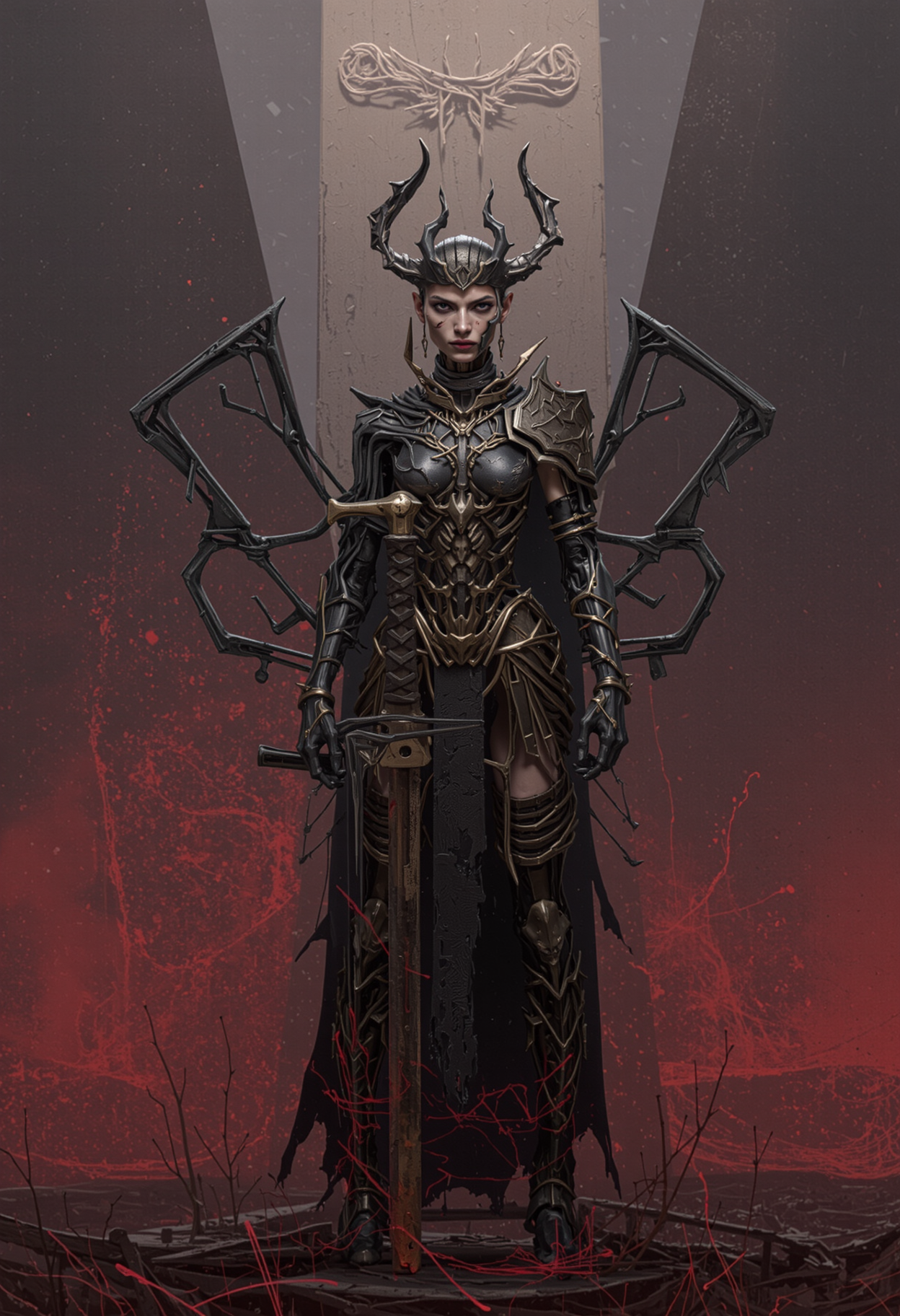 degenesis style grimdark depiction of a beautiful valkyrie knight with a large greatsword made of blood in one hand. Her armor is intricately detailed and made from black gold, covered in occult symbols and carvings with a wing helmet with visor. She is standing in front of an ominous megalithic obelisk with an otherworldy appearance. Red mist permeates the air like a miasma encroaching and the light is eerily foreboding.  <lora:flux\flux-Sch-SingleBlocks-F32.sft> <lora:flux\flux_skinny_slider> <lora:flux\flux_sxz-Degenesis-v1>
