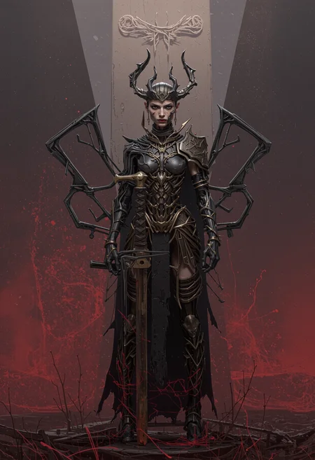 degenesis style grimdark depiction of a beautiful valkyrie knight with a large greatsword made of blood in one hand. Her armor is intricately detailed and made from black gold, covered in occult symbols and carvings with a wing helmet with visor. She is standing in front of an ominous megalithic obelisk with an otherworldy appearance. Red mist permeates the air like a miasma encroaching and the light is eerily foreboding. <lora:flux\flux-Sch-SingleBlocks-F32.sft> <lora:flux\flux_skinny_slider> <lora:flux\flux_sxz-Degenesis-v1>