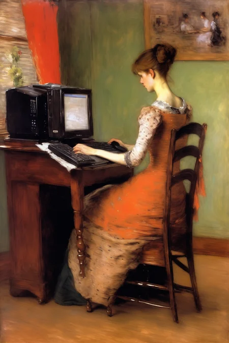 <lora:William Merritt Chase Style:1>William Merritt Chase Style - woman with her computer