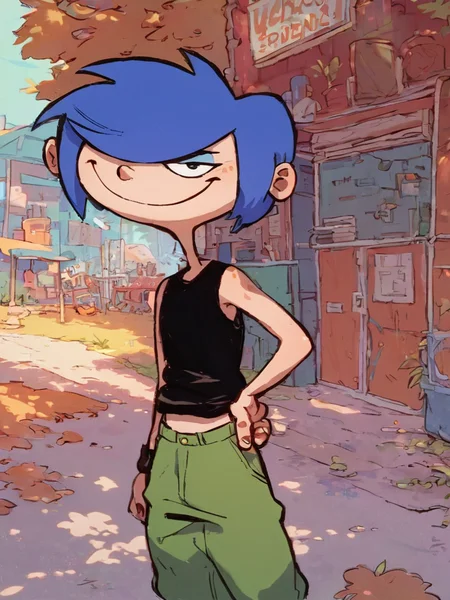 score_9, score_8_up, score_7_up, mariek, blue hair, short hair, hair over one eye, 1girl, solo, smile, green pants, tank top,standing, hand on own hip,outdoors,looking at viewer, <lora:MarieKPony1.0:0.8> zPDXLxxx