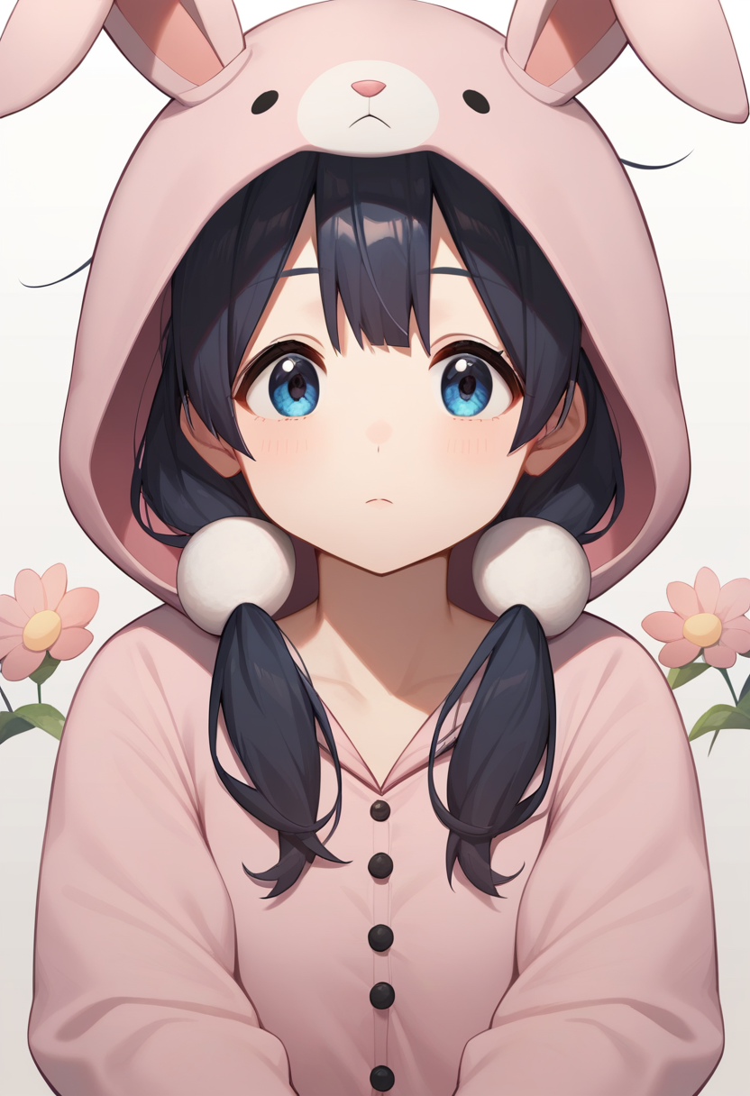 score_9,score_8_up,score_7_up,<lora:kitashirakawa_tamako_pony:1>,1girl, solo, pink_background, hood_up, looking_at_viewer, expressionless, long_sleeves, pink_hoodie, highres, artist_name, dated, floral_background, rabbit_hood, kitashirakawa_tamako, onesie