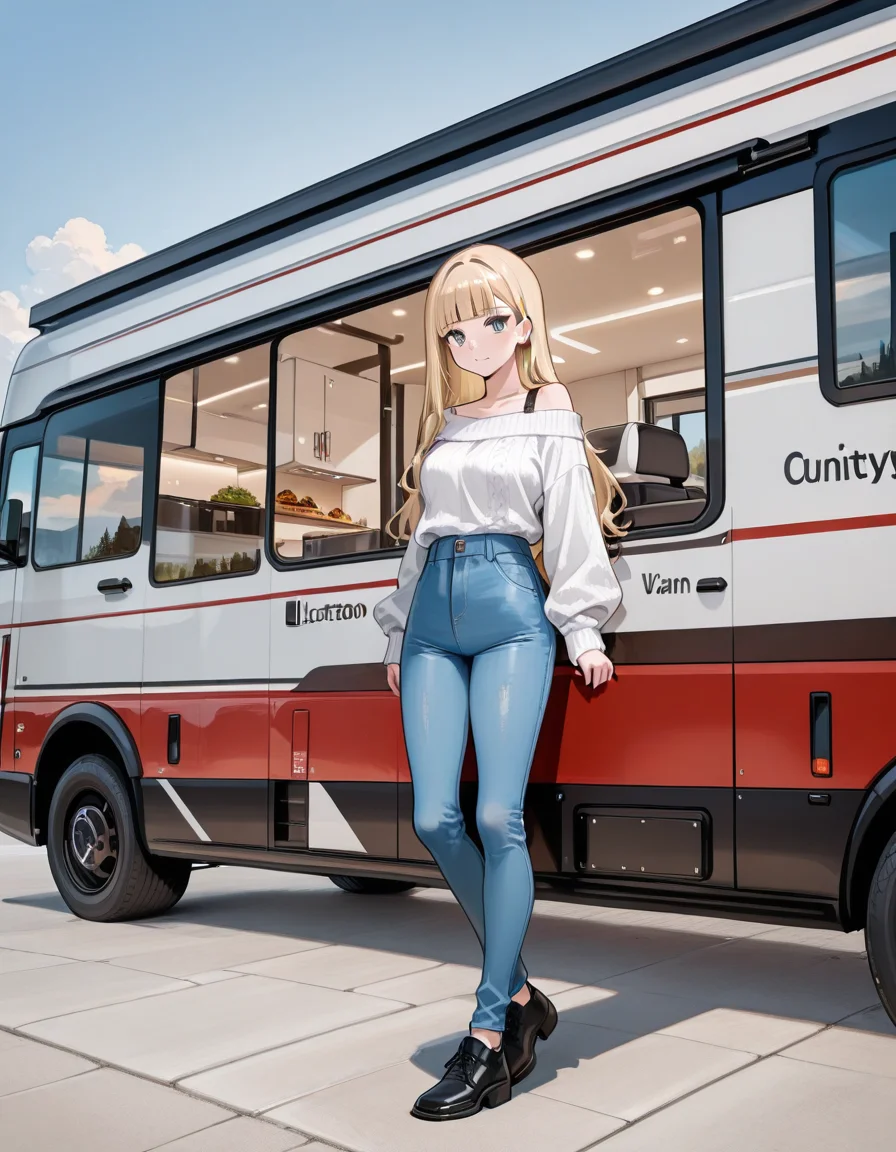 score_9, score_8_up, score_7_up, anime, solo, 1girl, one girl,
long hair, tucked behind ear, blunt bangs, blonde Hair, blue eyes, feature large highlight, model,
Princess, oversize white sweater, off shoulder, blue jeans,
general,
<lora:motorhome:0.8>, motorhome,
motor vehicle, vehicle appearance, luxury camper van, outdoors,
(masterpiece:1.3), best quality, high resolution, unity 8k wallpaper, (illustration:1.2), 8K,