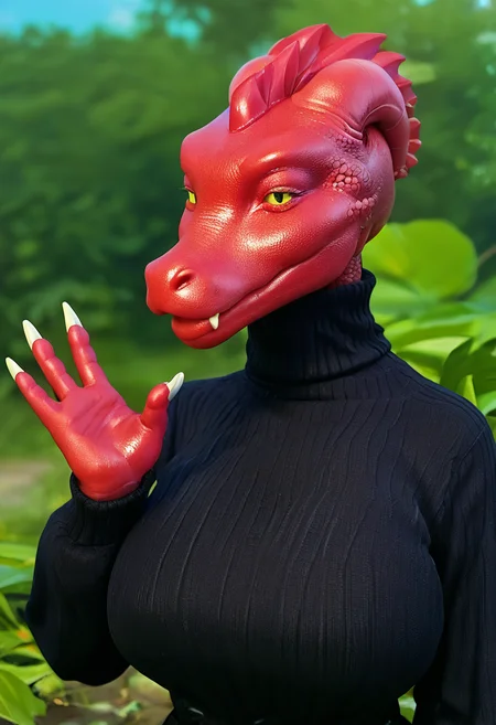 score_9, score_8_up, score_7_up, <lora:Bdrgon:1.0>, solo, bdrgon, dragon, big breasts, black sweater, turtleneck, turtleneck sweater, ribbed sweater, long sleeves, waving, outdoor, spring, spring leaves, silicone fox head with nose, <lora:Silicone Sex Doll:1.0>, made from silicone, fangs, claws, sideview, look at the viewer, <lora:Colored_Skin-Pony-V1.0:1>, burgundy color skin, scales skin, high quality skin texture,