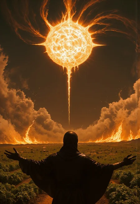 Extreme Closeup Portrait A dystopian depiction of the Sun as both creator and destroyer: the radiant Sun dominates the sky, its fiery tendrils reaching down to Earth. Below, a landscape torn between life and death: one side lush with golden crops and vibrant greenery, the other scorched, barren, and crumbling into ash. A shadowy figure stands at the horizon, arms outstretched in reverence and despair, their silhouette caught between the Sun’s blinding light and its searing destruction. The atmosphere is apocalyptic yet poetic, with swirling clouds of fire and smoke, beams of light cutting through the haze like divine judgment. The mood is a haunting blend of awe and terror, as if witnessing the Sun’s ultimate reign over humanity.The atmosphere is cinematic, with hyper-realistic detail, soft shadows, and an intense, otherworldly mood in a desolate desert landscape. Moody Closeup Portrait, feudal Silk Road style, amazing quality, masterpiece, best quality, hyper detailed, ultra detailed, UHD, dof, hyper-realism, majestic, awesome, inspiring. Her torn nun's habit glowing dress flap in the breeze, exuding a laid-back yet dangerous vibe. The photo features faded colors, with a limited palette of gray, beige, and washed-out orange, capturing her cool, striking appearance.. cinematic composition, soft shadows, national geographic style, mythp0rt