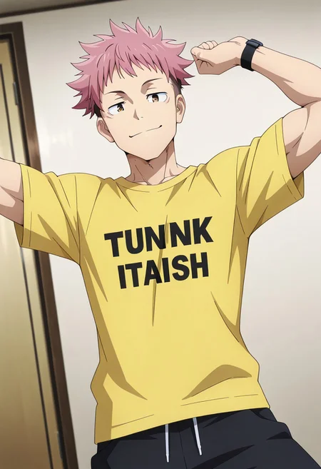 anime screencap, source_anime, solo, female focus, cel shading, ((1boy, bara, muscular, twunk, masculine face, defined face: 1.1), yuuji_itadori, very short bangs, pink hair, brown eyes, short hair, undercut, spiked hair, yellow oversized t-shirt, blue short, black wrish band, black wristwatch), dynamic pose, dancing, cowboy shot, dynamic angle, smirk, looking at viewer, masterpiece, best quality, absurdres, newest, perfect quality, best quality, absolutely eye-catching, detailed background, intricate details