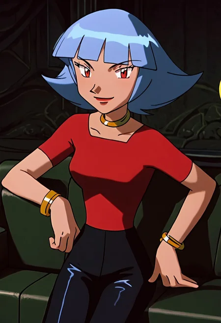 score_9, score_8_up, score_8, (curvy), eyelashes, (beautiful eyes), ,
oakley, female, blue hair, short hair, red eyes, outfit2, red shirt, short sleeves, black pants, standing, hand on hip, posing, wristband, neck ring, looking at viewer, medium breast,
seductive smile, smile, looking at viewer, couch, sitting, shiny skin, cowboy shot