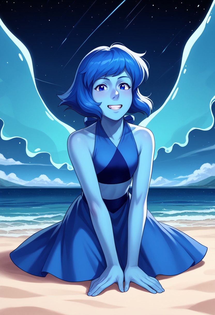 score_9, score_8_up, score_7_up, source anime,
masterpiece, best quality, detailed, amazing quality,
detailed background, night, stars, beach,
detailed eyes, clean eyes,
dynamic pose, sitting,
solo, 1woman, woman, 
easynegative, 
happy, looking at viewer,
lapis lazuli \(steven universe\),
colored skin, blue skin, blue hair, blue eyes, water wings,
lapis_default, halter top, skirt, barefoot,