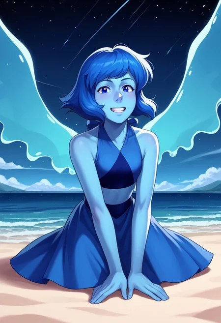 score_9, score_8_up, score_7_up, source anime,
masterpiece, best quality, detailed, amazing quality,
detailed background, night, stars, beach,
detailed eyes, clean eyes,
dynamic pose, sitting,
solo, 1woman, woman, 
easynegative, 
happy, looking at viewer,
lapis lazuli \(steven universe\),
colored skin, blue skin, blue hair, blue eyes, water wings,
lapis_default, halter top, skirt, barefoot,