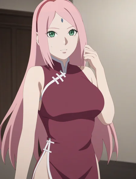 best quality,masterpiece,highres,absurdres,1girl,solo,newest,rating: rating: general, <lora:Boruto_Sakura_XL-step00001000:0.9> ,(boruto_sakura_xl, long hair, pink hair, haruno sakura, green eyes,red hairband),looking at viewer, cowboy shot,china_dress,