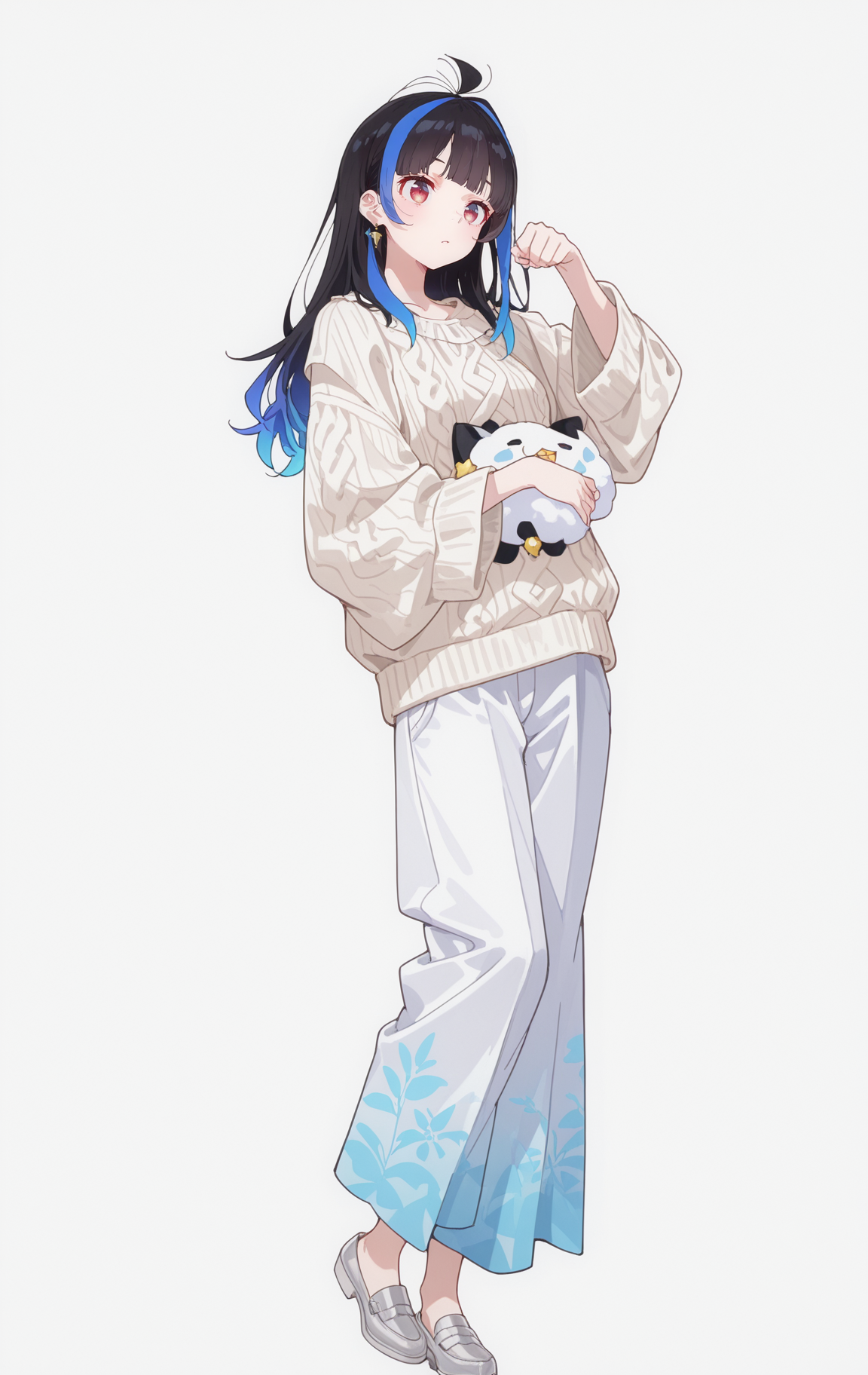 masterpiece,best quality,newest,absurdres,highres,
front view,full_shot,Joyful laughter,looking_at_viewer,
<lora:YaemoriMiniCYQL:1>,YaemoriMiniCYQL,1girl,solo,black hair,blue hair,long hair,blunt bangs,antenna hair,streaked hair,multicolored hair,red eyes,(big size long sleeved knit:1.2), wide leg pants, flat shoes, (barrette, hair slide:1.22),
full body,standing,paw_pose,,
lightgray background,simple background,
usnr,748cmstyle,<lora:USNR STYLE_XL_loha:0.45>,<lora:DarkerThanBlackIllustrious:0.5>,<lora:spo_sdxl_10ep_4k-data_lora_webui:0.6>,<lora:illustrious_all_rated_v1:0.7>,<lora:748cmSDXL:0.8>,<lora:illustrious_quality_modifiers_masterpieces_v1:0.9>,,