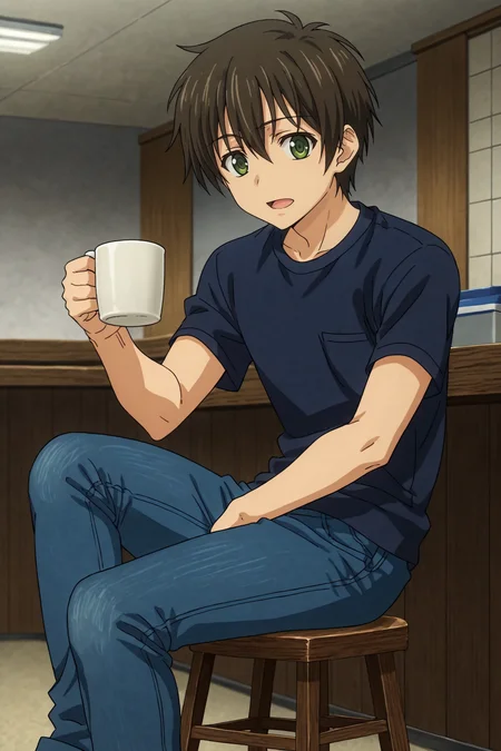 score_9, score_8_up, score_7_up,score_6_up,score_5_up,score_4_up,source_anime,BREAK, rating_safe, intricate details, , anime screencap, anime coloring, official style, depth of field,1boy, solo, male focus,<lora:banri:0.93>tada banri,dark brown hair,green eyes,hair between eyes,short hair,bangs,looking at viewer,open mouth, shirt, sitting, short sleeves, pants, indoors, cup, denim, t-shirt, jeans, mug, stool,full body, , , , <lora:sdxl_lightning_8step_lora_315544:1>