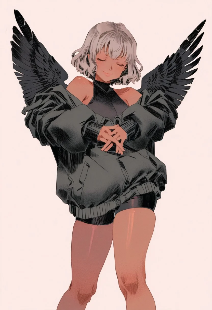 soft colors, pastel colors, traditional media, masterpiece, hires, solo, 1girl, skindentation, closed eyes, lips, smile, grey hair, pose, ashy dark-skinned female, bare shoulders, baggy jacket, black feather wings, metallic wings, bike shorts, bare legs, mechabare