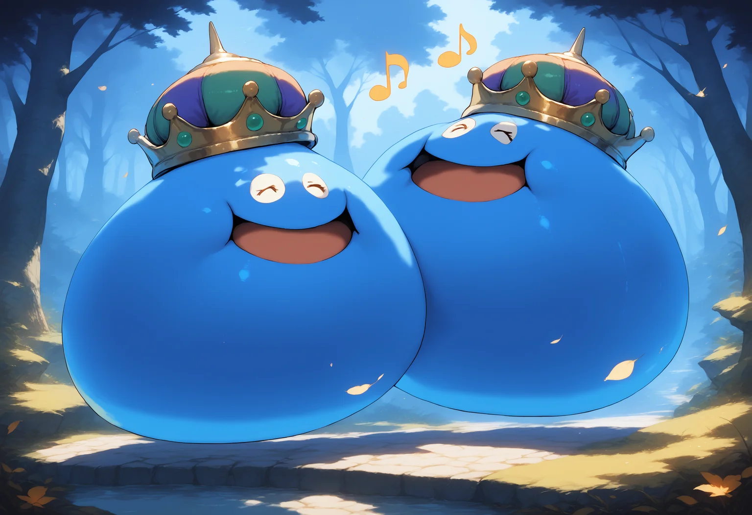 zPDXL3,masterpiece,extreme detailed,<lora:Pony_DetailV2.0:1>,full_body,forest,
BREAK (2others:1.2),no humans,king slime,slime (dragon quest),crown,:D,open mouth,<lora:king slime-v4-pony:0.9>,singing,closed eyes,happy,music,multiple musical note,dancing,