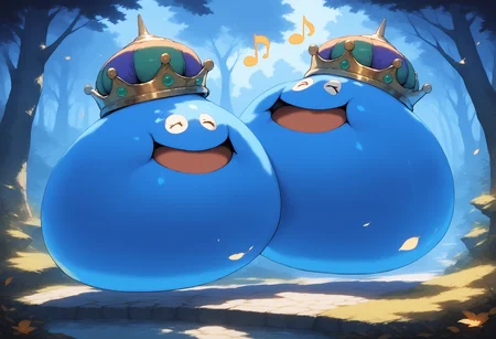 zPDXL3,masterpiece,extreme detailed,<lora:Pony_DetailV2.0:1>,full_body,forest,
BREAK (2others:1.2),no humans,king slime,slime (dragon quest),crown,:D,open mouth,<lora:king slime-v4-pony:0.9>,singing,closed eyes,happy,music,multiple musical note,dancing,