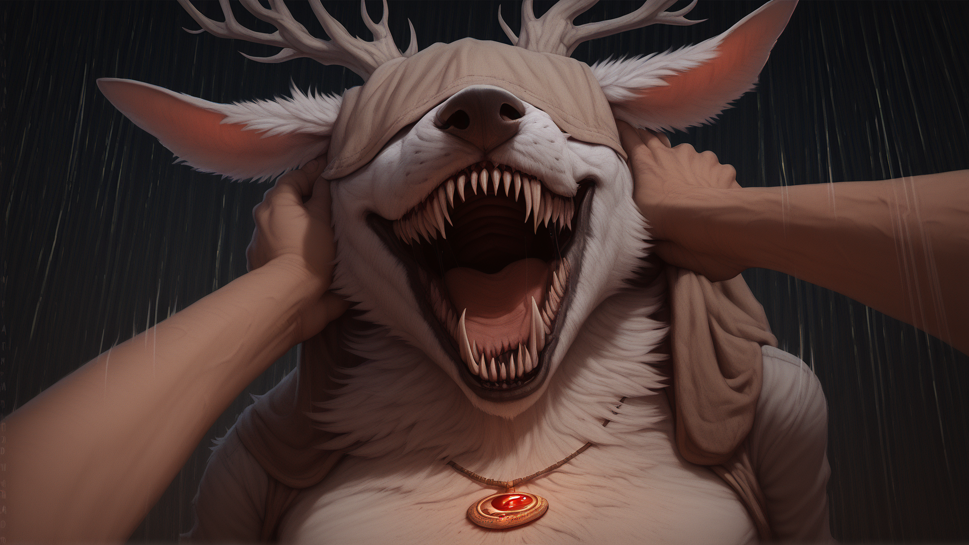 human male pov, of BREAK <lora:Vicar_Amelia_Bloodborne-000007:1>full body, anthro bbvicamelia, sitting on a chair, sharp teeth, claws, paws, digitigrade, golden pendant necklace, motion lines, wearing jeans and a shirt,
<lora:Pony_DetailV1.0:1>,  <lora:neck_grab_pony:0.9>  throat_grab, neck_grab, detailed, masterpiece,score_9, score_8_up, score_7_up, score_6_up, best quality