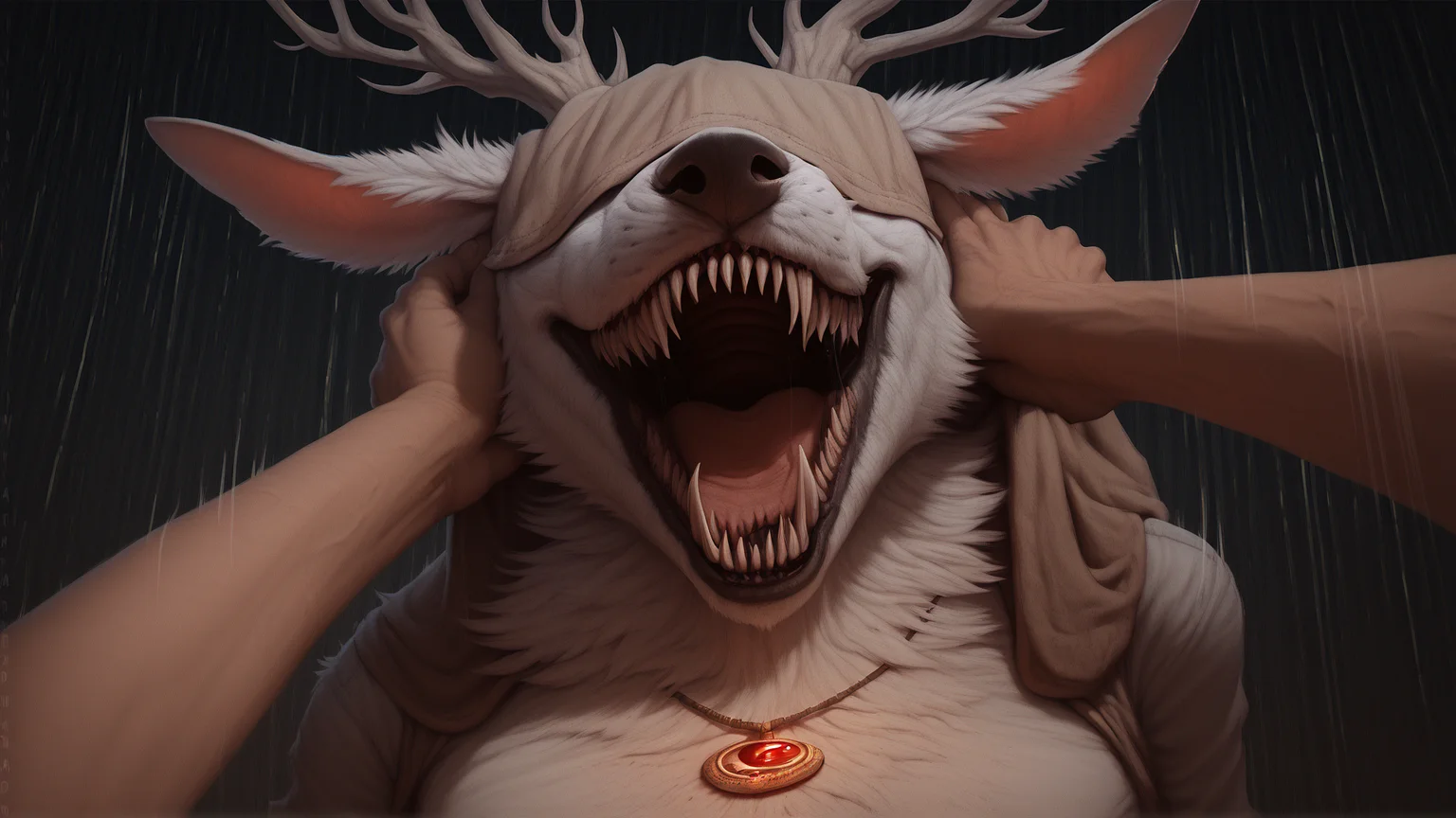 human male pov, of BREAK <lora:Vicar_Amelia_Bloodborne-000007:1>full body, anthro bbvicamelia, sitting on a chair, sharp teeth, claws, paws, digitigrade, golden pendant necklace, motion lines, wearing jeans and a shirt,
<lora:Pony_DetailV1.0:1>,  <lora:neck_grab_pony:0.9>  throat_grab, neck_grab, detailed, masterpiece,score_9, score_8_up, score_7_up, score_6_up, best quality