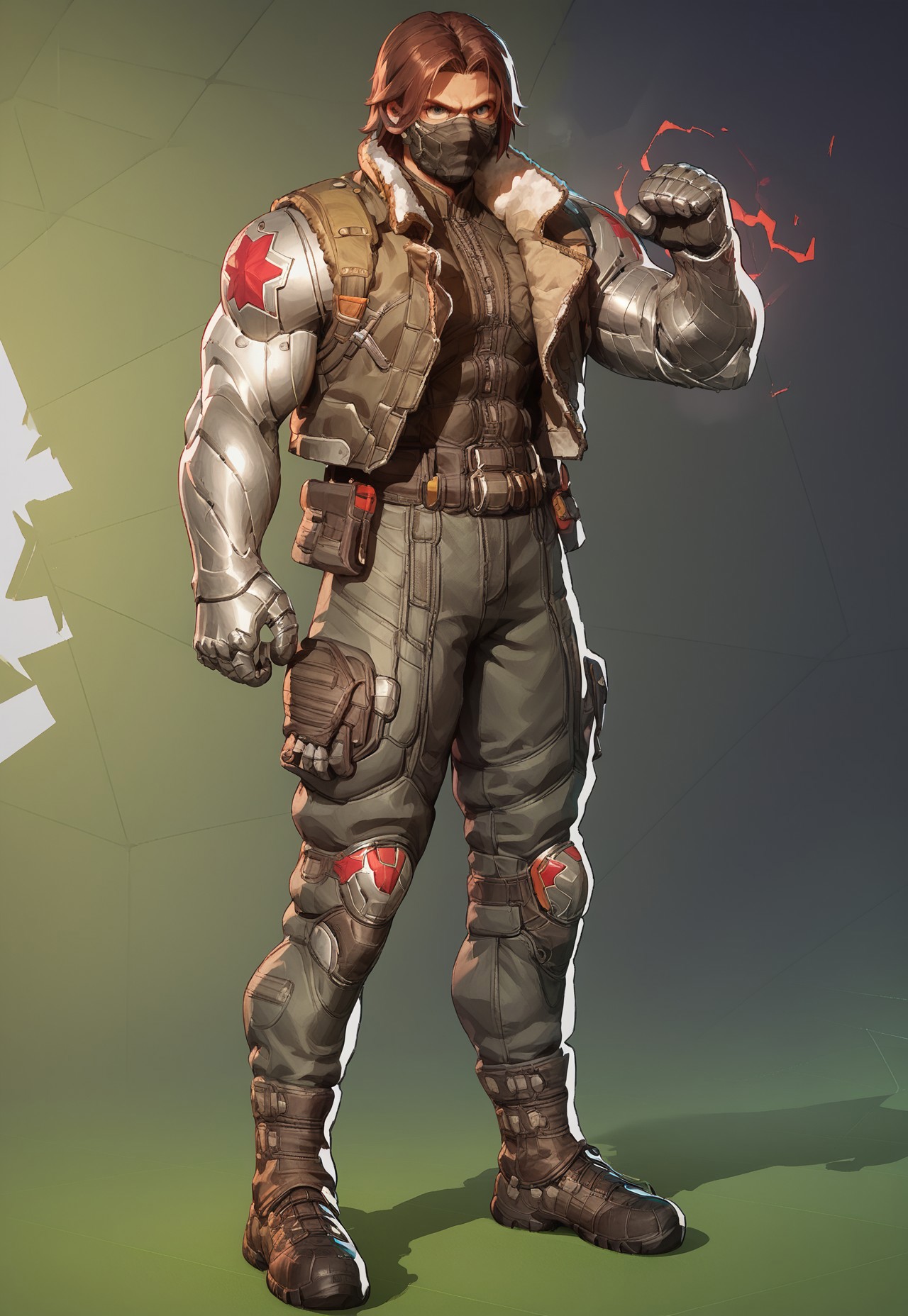 score_9, score_8_up, score_7_up, Winter soldier, static pose, full body view, metallic arm, metal arm, jacket, brown hair, face mask