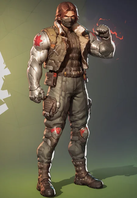 score_9, score_8_up, score_7_up, Winter soldier, static pose, full body view, metallic arm, metal arm, jacket, brown hair, face mask