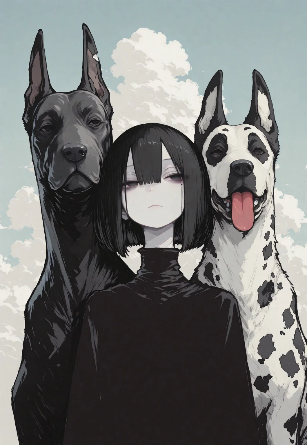 1girl, solo, black hair, bob cut, hair between eyes, solid black eyes, detailed eyes, looking to the side, mole under eye, expressionless, looking to the side, closed mouth,pale skin, black turtle neck, animal focus, dog, Great Dane, head on shoulder, tongue out, whimsical dog, straight on, spotted fur, pale blue sky, clouds, close up, chromatic aberration,minimalsim, no lineart, no outline, blending, flat color,15546+456868, r17329_illu,S4bit4mago_illu