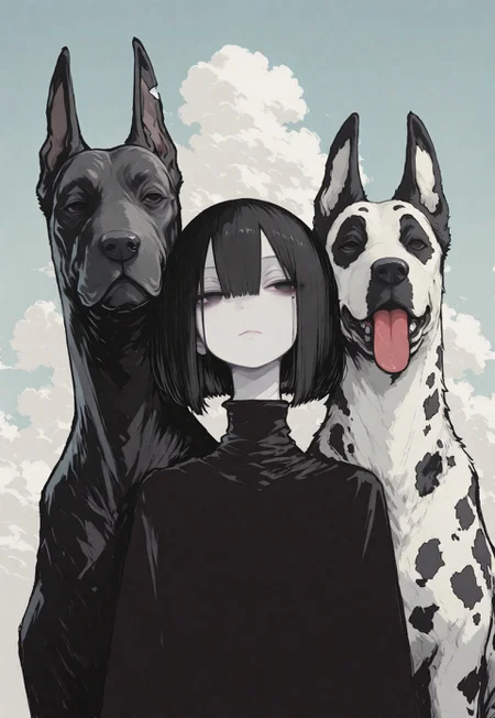 1girl, solo, black hair, bob cut, hair between eyes, solid black eyes, detailed eyes, looking to the side, mole under eye, expressionless, looking to the side, closed mouth,pale skin, black turtle neck, animal focus, dog, Great Dane, head on shoulder, tongue out, whimsical dog, straight on, spotted fur, pale blue sky, clouds, close up, chromatic aberration,minimalsim, no lineart, no outline, blending, flat color,15546+456868, r17329_illu,S4bit4mago_illu