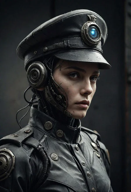 Create a captivating caption for a close-up photo of a grim looking Thought Officer in a retro sci-fi police uniform with a peaked cap. The dystopian backdrop sets the tone, and the officer's face is a striking blend of human and cyborg elements, with one glowing eye. looking to viewer,
very detailed, atmospheric haze, Film grain, cinematic film still, shallow depth of field, highly detailed, high budget, cinemascope, moody, epic, OverallDetail, gorgeous, 2000s vintage RAW photo, photorealistic, candid camera, color graded cinematic, eye catchlights, atmospheric lighting, skin pores, imperfections, natural, shallow dof