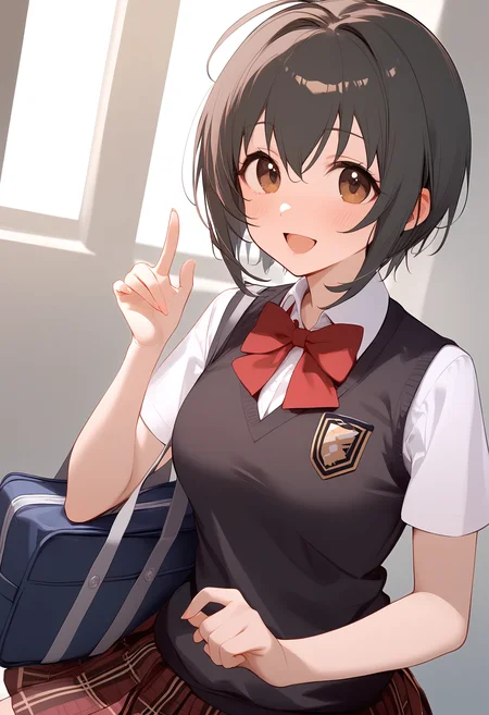 1girl,blush,kohinata miho,plaid skirt,school uniform,solo,sweater vest,looking at viewer,open mouth,pleated skirt,d,bowtie,red bow,school bag,shirt,smile,<lora:a31_char_new_kohinata_miho-000024:1>masterpiece, best quality, absurdres<lora:a31_style_koni-000010:0.8>
