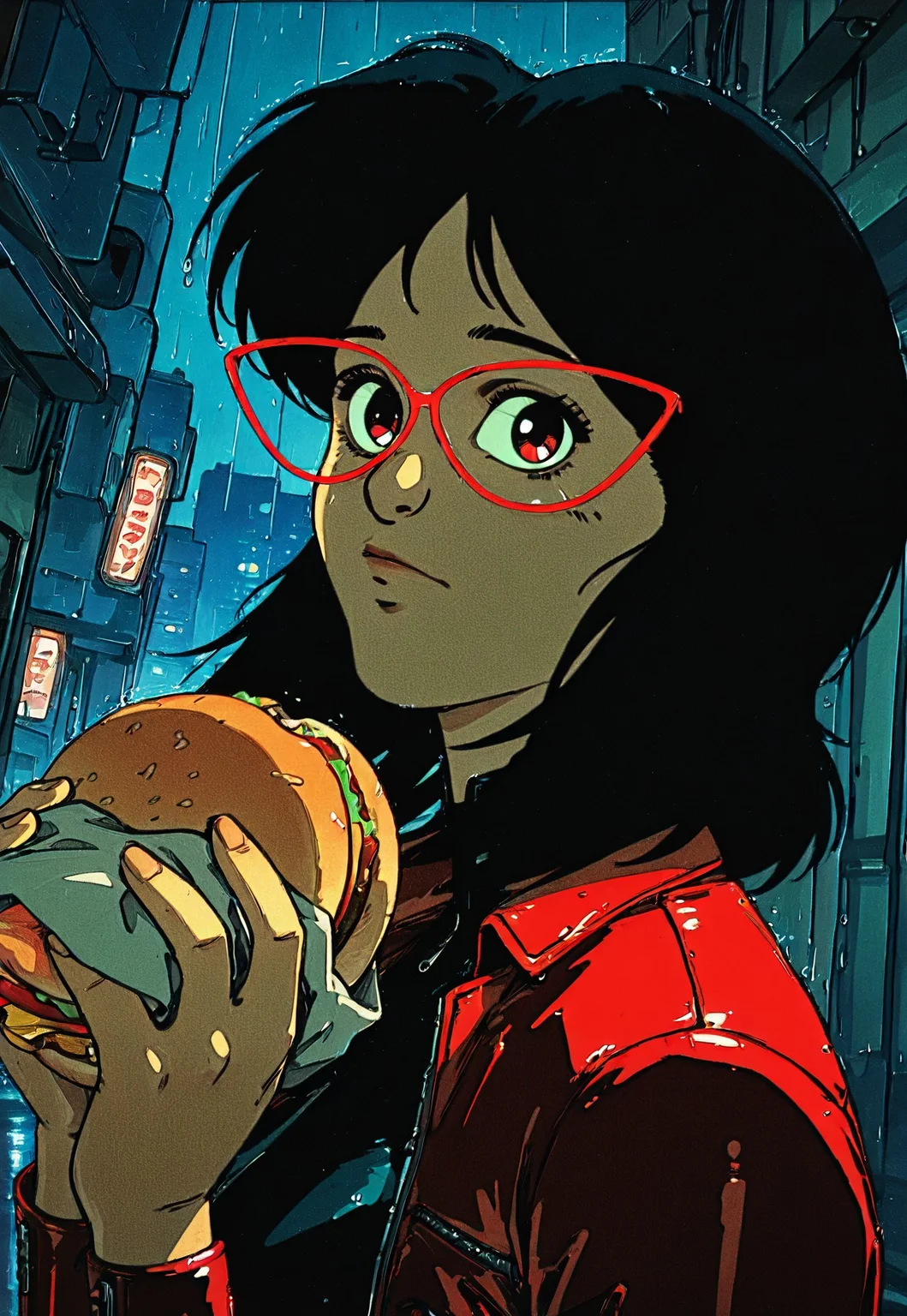 linda, 1girl, black hair, solo, glasses, upper body, cyberpunk, red leather jacket, night, neon, city, rain, knva, retro anime, 1990s, dynamic angle, portrait, detailed, masterpiece, solo focus, looking at viewer, milf, holding, holding burger, holding with two hands,