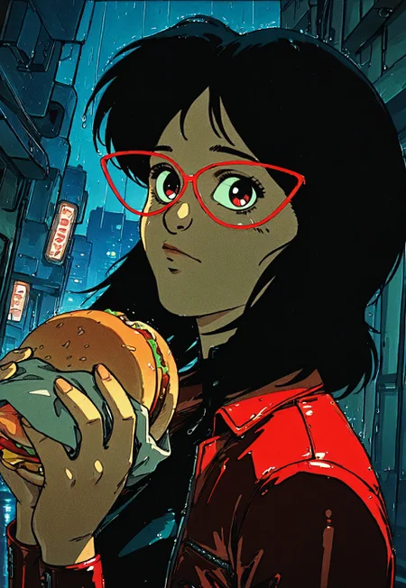 linda, 1girl, black hair, solo, glasses, upper body, cyberpunk, red leather jacket, night, neon, city, rain, knva, retro anime, 1990s, dynamic angle, portrait, detailed, masterpiece, solo focus, looking at viewer, milf, holding, holding burger, holding with two hands,
