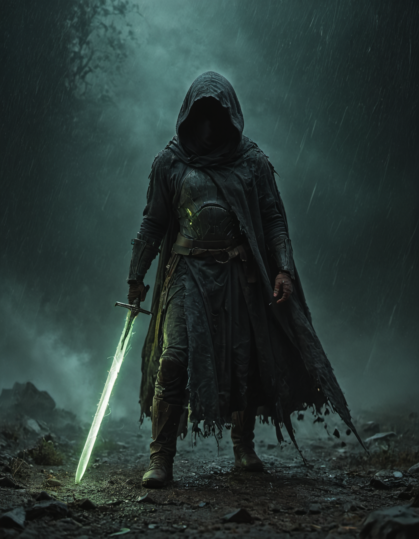 score_9, score_8_up, score_7_up, concept art hidden face, mysterious, hooded, full body, dark enigmatic warrior, standing, storm of falling shards, glowing ethereal giant heavy thick sword in hand, warrioras intricate armor, tattered cloak that billows in the wind, atmosphere is charged with an otherworldly energy, fantasy realism, dramatic lighting, detailed textures to bring the scene to life,  . digital artwork, illustrative, painterly, matte painting, highly detailed <lora:- SDXL - vanta-black_contrast_V3.0:1>