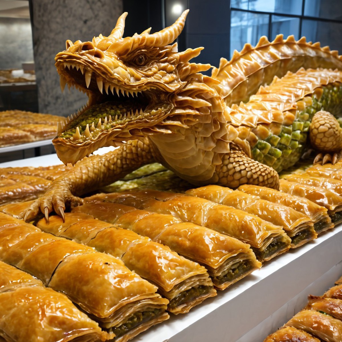 made of baklava, a detailed huge dragon,