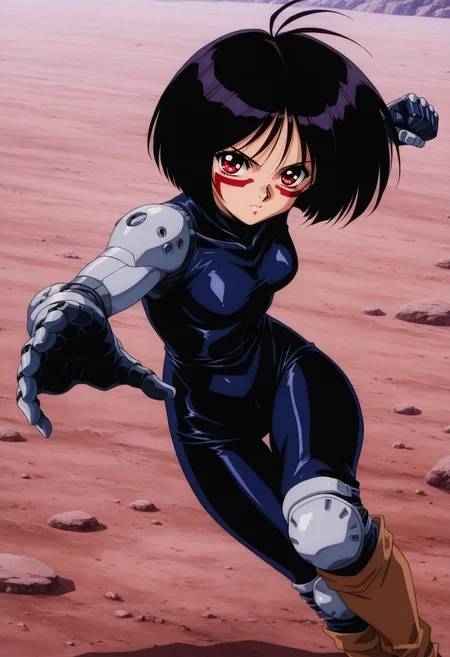 masterpiece, best quality,  absurdres, highres, cinematic light, 1girl, solo, <lora:gally-Illustrious:1>gally_wz, short hair, bob cut, black hair, red eyes, antenna hair, mechanical arms, mechanical hands, bodysuit, brown boots, knee pads, cyborg, 1990s \(style\), retro artstyle, red facepaint, facial mark, fighting stance, fighting, dynamic pose, outdoors, day, looking at viewer, shiny clothes,  <lora:anime_screencap-Illustrious_1064755:1> anime screencap, anime coloring