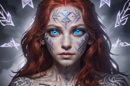 bright red hair, human female, (feminine:1.7), (beautiful face, detailed face:1.6), (beautiful eyes, detailed eyes:1.7), (looking at viewer, eye contact, intense:1.6), (long hair, red hair, curly hair:1.3), , ((masterpiece, best quality, high resolution, realistic, best quality,)), photo realistic, Perfect Face, (detailed face). <lora:GoodHands-vanilla:0.6> <lora:add-detail-xl:0.8>, mage, (Dress White military uniform coat), dagger, rune dagger, glowing runes, , (((glowing magic symbols tattoos, religious tattoos))), ((face tattoos)), glowing tattoos, stone tower in the background