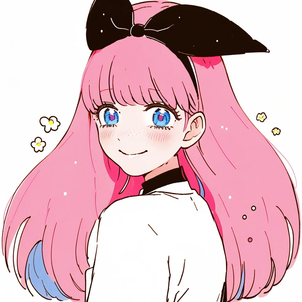 a happy girl with pink hair and blue eyes