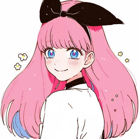 a happy girl with pink hair and blue eyes