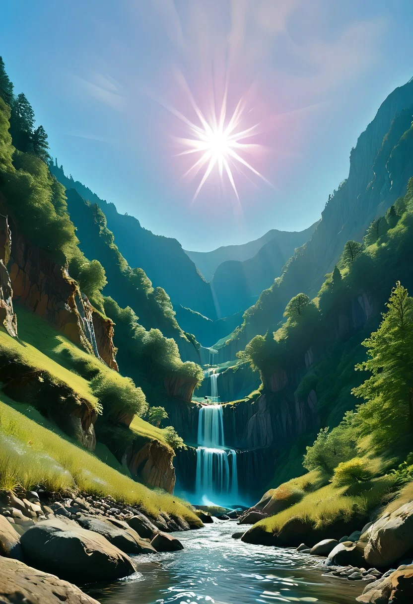 Stable_Yogis_PDXL_Positives,
A sprawling valley of cascading waterfalls cutting through layered sandstone cliffs, viewed from a sweeping aerial perspective that reveals turquoise plunge pools and winding river networks. Golden-hour sunlight pierces mist rising from thunderous falls, illuminating intricate textures of water-smoothed rock strata and vibrant moss colonies clinging to vertical surfaces. Close-up details of fern fronds trembling in the perpetual spray, their fractal patterns echoed in the dendritic river deltas below. Low-angle shots framing monolithic cliff faces against swirling cloud formations, while tracking perspectives follow ibex traversing narrow ledges above abyssal gorges. Ultra-detailed 8k rendering captures every water droplet in mid-air suspension and crystalline reflections in ancient rockpools. A symphony of emerald, amber, and sapphire hues created by mineral-rich waters, lichen communities, and twilight's deepening azure gradients across the canyon's stratified geology.