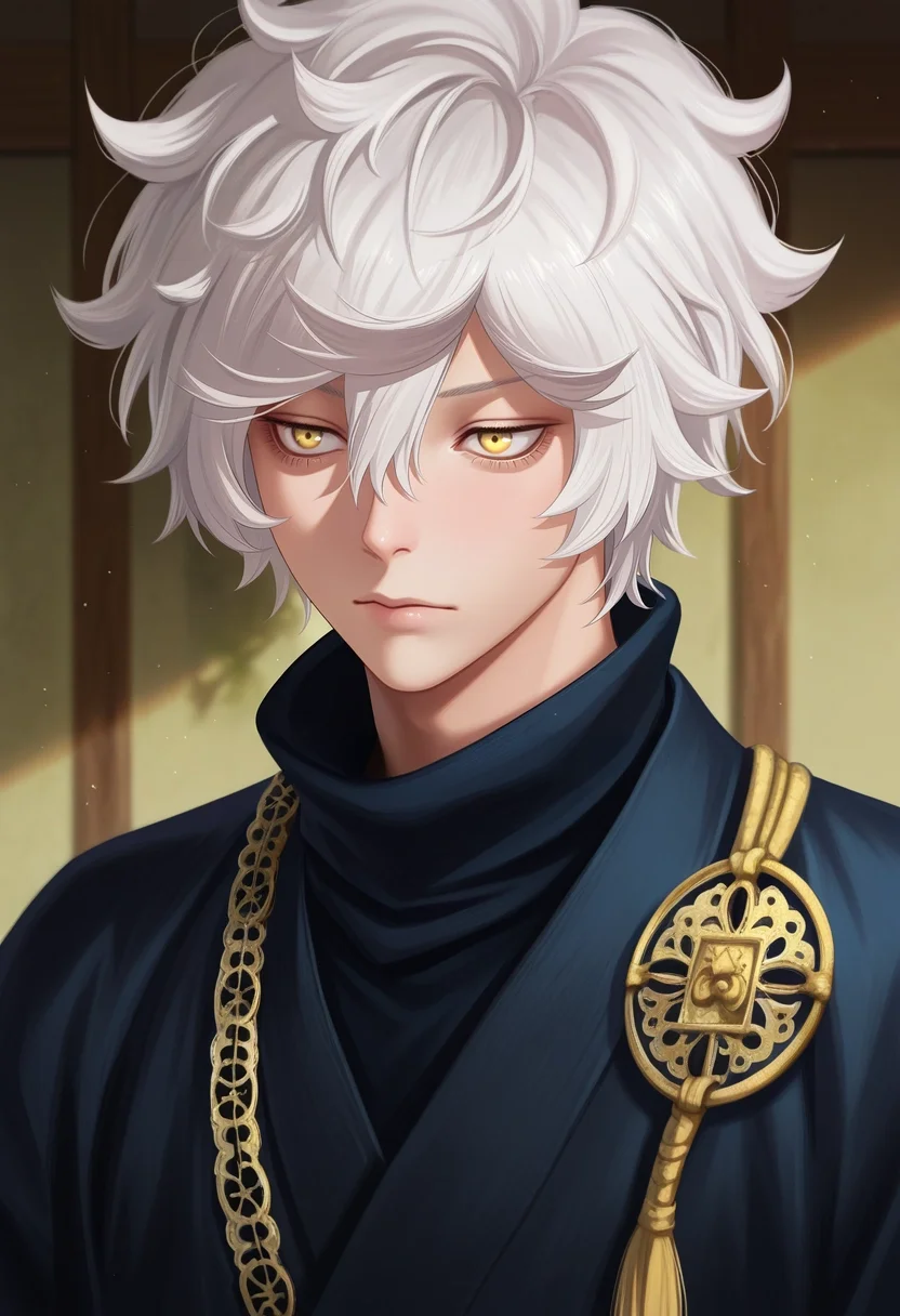 masterpiece, best quality, intricate details, semi-realistic,, 1boy, solo, male focus, <lora:gabimaru_jigokuraku_ilxl:1>, gabimaru_jigokuraku, white hair, yellow eyes, hair between eyes, short hair, messy hair, , ,