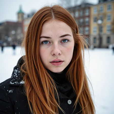 Create an extremely detailed photograph of a young woman standing in a winter cityscape. She has striking red hair that cascades down her shoulders, contrasting beautifully with the soft, snowy background. Her blue eyes are vivid and expressive, capturing a sense of hopelessness that adds depth to the image.
The photograph should be taken with a Canon RF camera at a high shutter speed to freeze the moment, ensuring clarity in the details of her face, skin texture, and hair. The aperture should be set to F/8 to achieve a balanced depth of field, keeping both the subject and the winter scenery in sharp focus.
The winter cityscape should feature softly falling snowflakes, with blurred outlines of buildings and trees in the background, creating a serene yet melancholic atmosphere. The lighting should be soft and diffused, enhancing the woman's features and the overall mood of the photograph.
The composition should be a wide shot, allowing the viewer to appreciate both the subject and the expansive winter landscape around her. The photograph should evoke emotions and tell a story, reminiscent of the style of photographer Thomas Saliot.