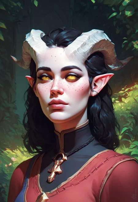 score_9, score_8_up, 8, score_7_up, score_6_up, ((masterpiece)), solo, portrait,
Tiefling, pointed ears, horns, colored sclera, 1Girl, black hair, white skin, freckles, thick eyebrows, shirt, tail
Fantasy ruins of the scenery