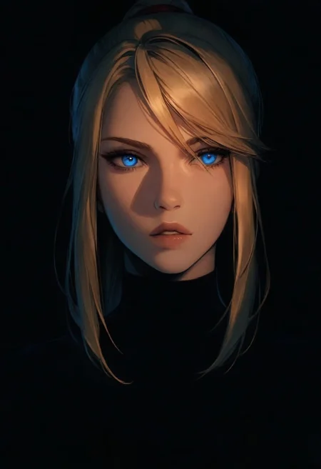 1girl, samus aran, solo, dark, light, the light illuminates part of the face, masterpiece, best quality, very aesthetic, close up, parted lips
